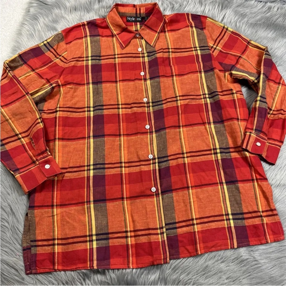 Style & Co Linen Cotton Multicolored Plaid Button Up Shirt XL